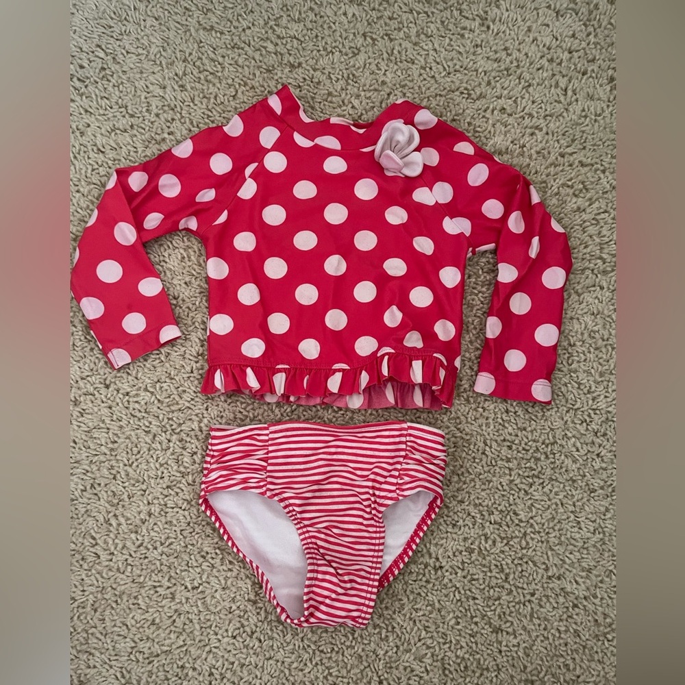 Girls 18m 3 piece swim suit top and bottom red polka dot